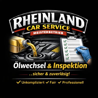 Logo von Rheinland Car Service mit Ölwechsel- und Inspektionsangebot.