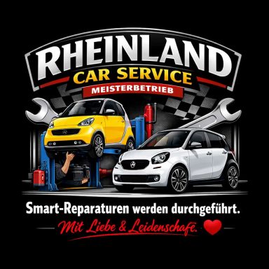 Logo von Rheinland Car Service mit einem gelben und einem weißen Smart-Auto und Werkzeugen.